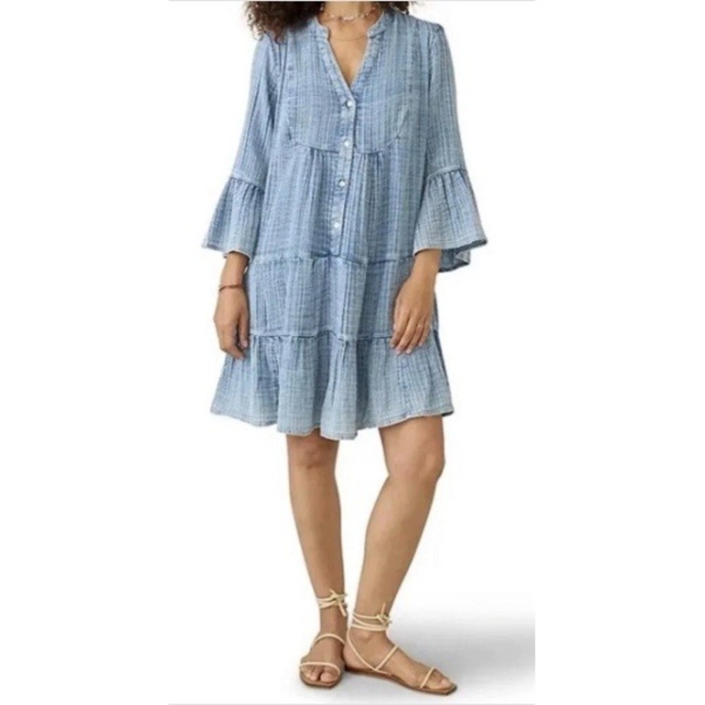 FAHERTY Dream Organic Cotton Gauze Tiered Kasey Dress Light Blue Sz L